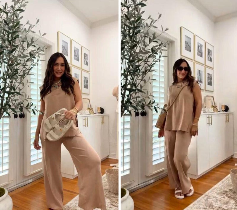 Lviefent Womens 2 Piece Outfits Sweater Set Sleeveless Side Slit Pullover Top Knit Wide Leg Pants Lounge Matching Sets (Khaki-S) - Image 4