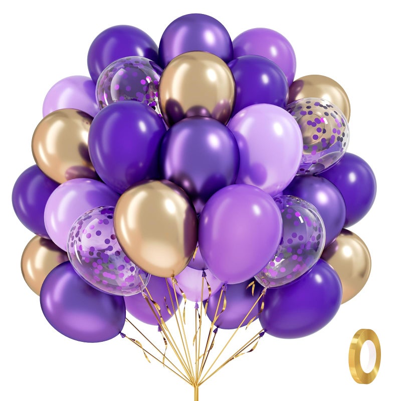 awenztech 60pcs Purple and Gold Balloons 12inch with Dark Purple Metallic Gold Confetti Latex Balloons for Graduation Wedding Baby Shower Birthday Party Decorations - Image 3