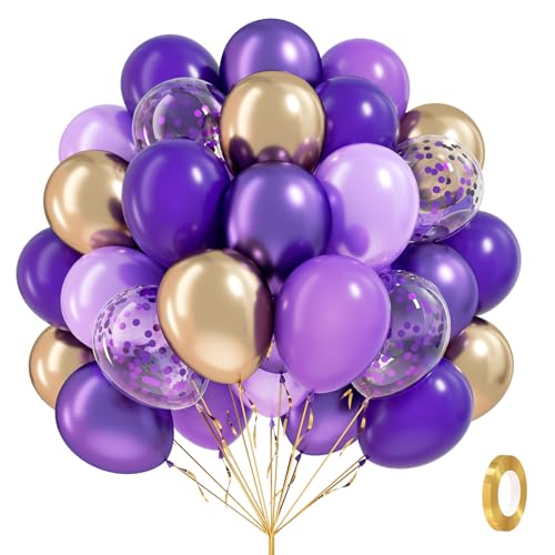 awenztech 60pcs Purple and Gold Balloons 12inch with Dark Purple Metallic Gold Confetti Latex Balloons for Graduation Wedding Baby Shower Birthday Party Decorations - Image 1