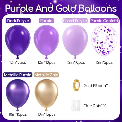 awenztech 60pcs Purple and Gold Balloons 12inch with Dark Purple Metallic Gold Confetti Latex Balloons for Graduation Wedding Baby Shower Birthday Party Decorations - Image 5