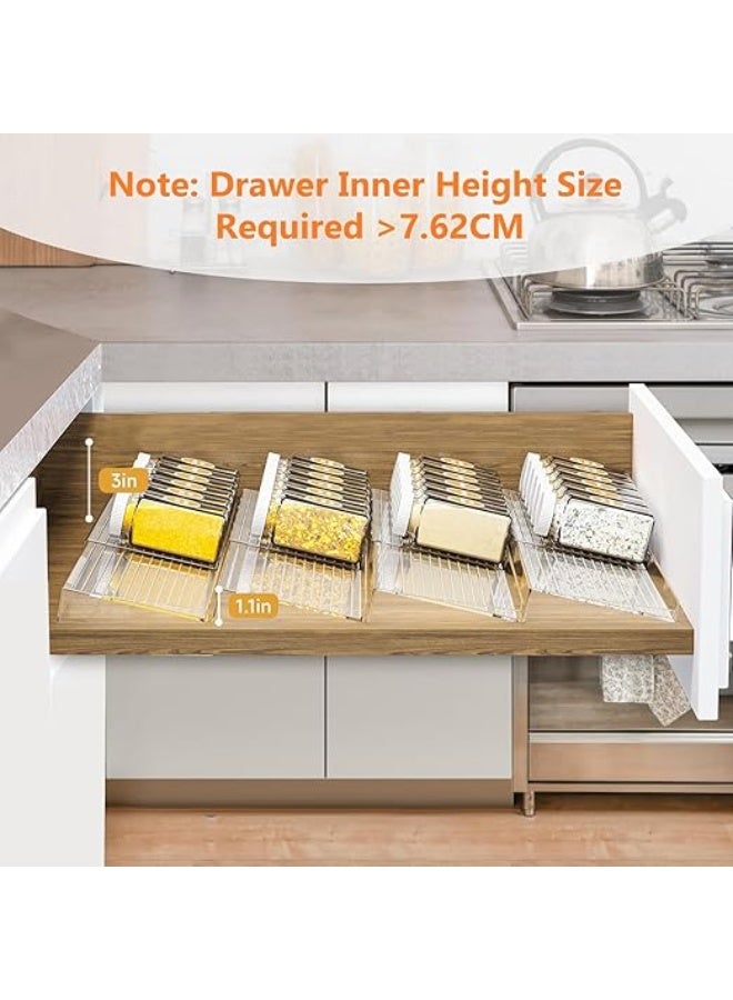 UREVO Spice Drawer Rack, 4 Tier- 2 Set (8 Pcs) Expandable From 11" to 22" Clear Acrylic Seasoning Jars Drawers Organizer, Kitchen Drawers, Cabinets Countertops Expandable Storage for Spice Jars - Image 4