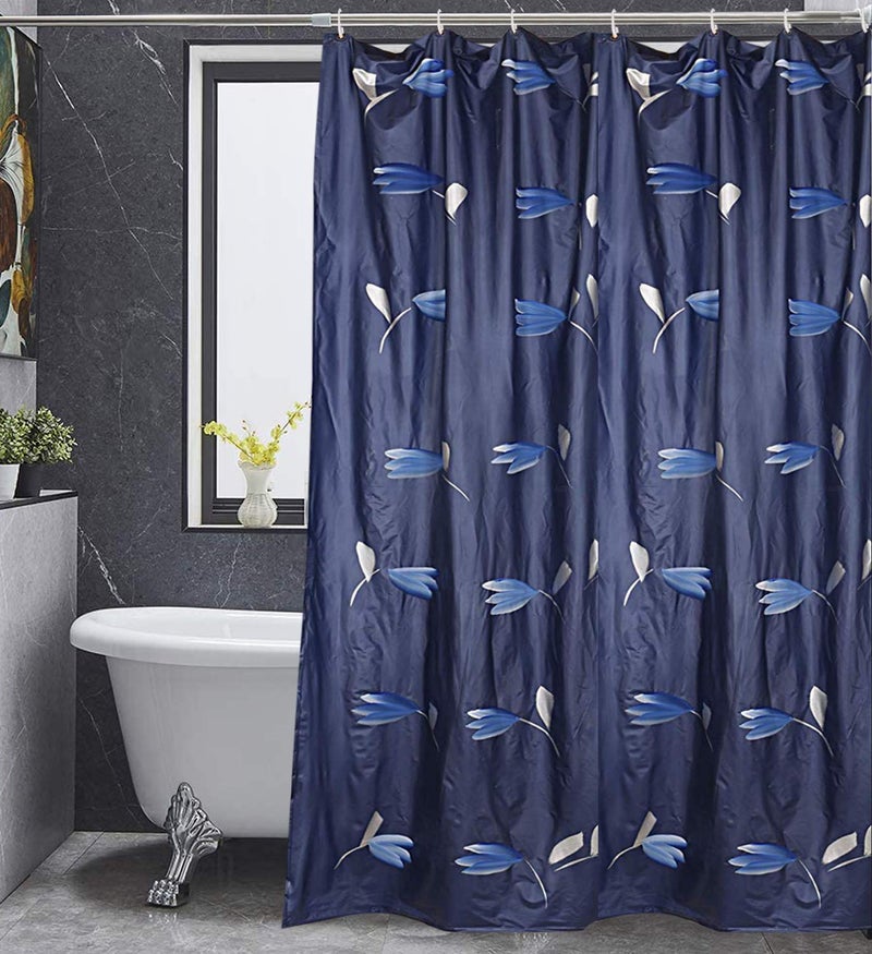Kuber Industries Leaf Design PVC Shower Curtain with 8 Hook (Blue), Washable, Pack of 1 - Image 1