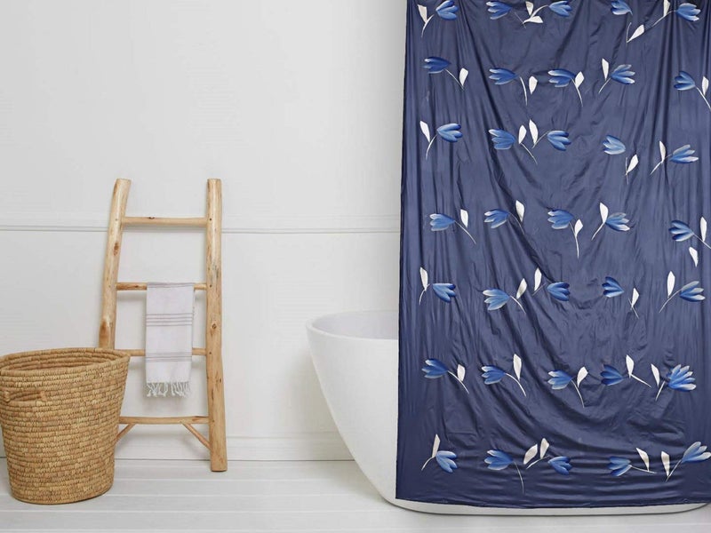 Kuber Industries Leaf Design PVC Shower Curtain with 8 Hook (Blue), Washable, Pack of 1 - Image 2