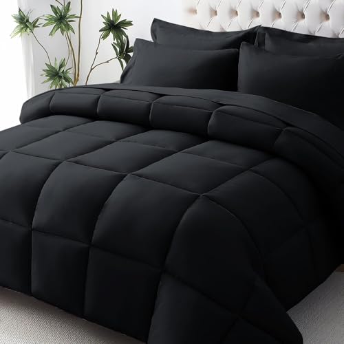 JOLLYVOGUE Queen Comforter Set UltraSoft Bed in a Bag Queen Size 7 Pieces OekoTEX Certified Bedding Set with Down Alternative Comforter Sheets Pillowcases Shams Black