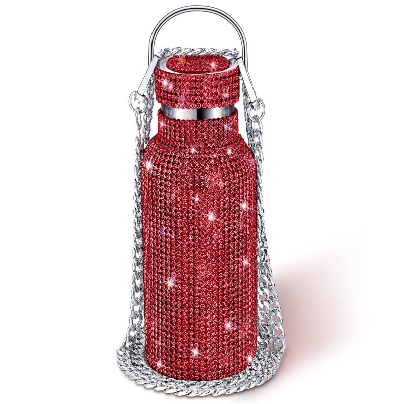 Diamond Water Bottle Bling Rhinestone Stainless Steel Thermal Bottle Refillable Insulated Glitter Water Jug with Chain for Women Girls Gifts750 mlRed