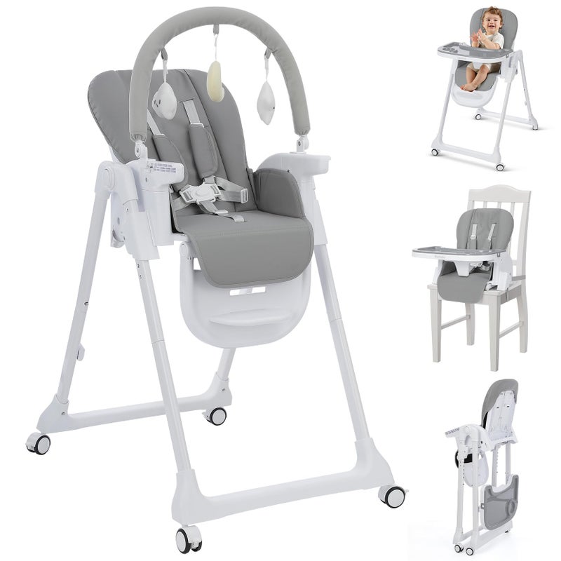 Ezebaby Foldable Baby High Chair, 3-in-1 Convertible High Chairs to Booster Seat, Portable High Chair with Adjustable Height and Recline, Removable Tray & Toy Bar - Image 1