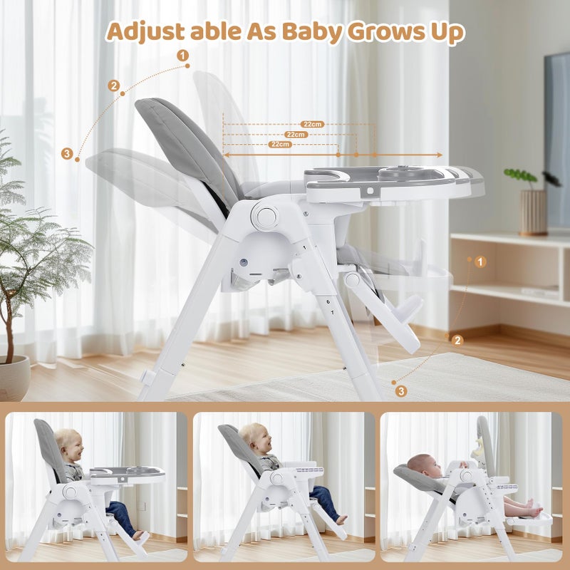 Ezebaby Foldable Baby High Chair, 3-in-1 Convertible High Chairs to Booster Seat, Portable High Chair with Adjustable Height and Recline, Removable Tray & Toy Bar - Image 2