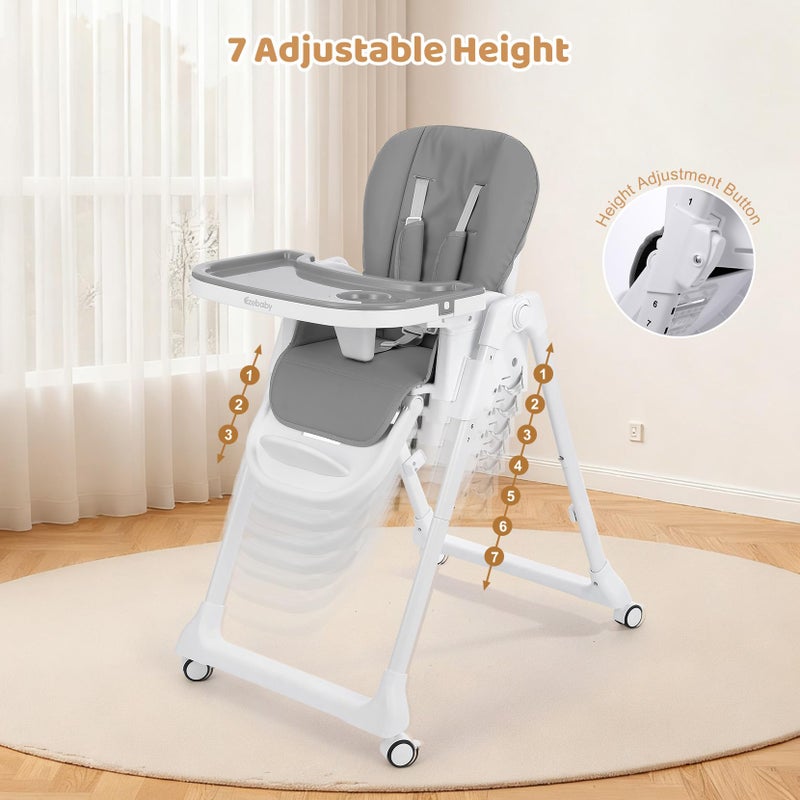 Ezebaby Foldable Baby High Chair, 3-in-1 Convertible High Chairs to Booster Seat, Portable High Chair with Adjustable Height and Recline, Removable Tray & Toy Bar - Image 3