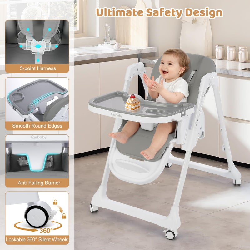 Ezebaby Foldable Baby High Chair, 3-in-1 Convertible High Chairs to Booster Seat, Portable High Chair with Adjustable Height and Recline, Removable Tray & Toy Bar - Image 4