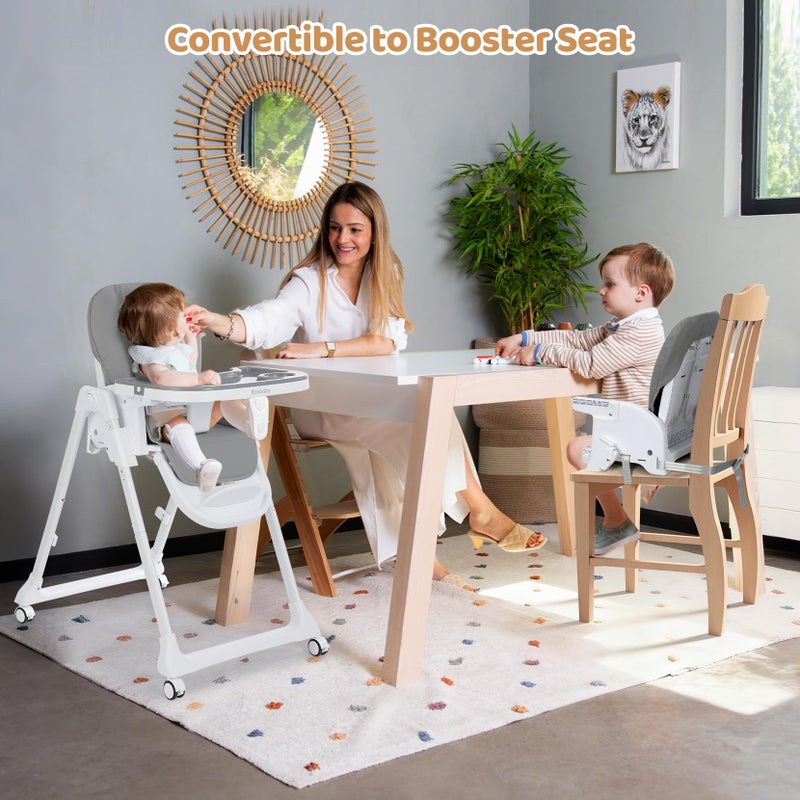 Ezebaby Foldable Baby High Chair, 3-in-1 Convertible High Chairs to Booster Seat, Portable High Chair with Adjustable Height and Recline, Removable Tray & Toy Bar - Image 5