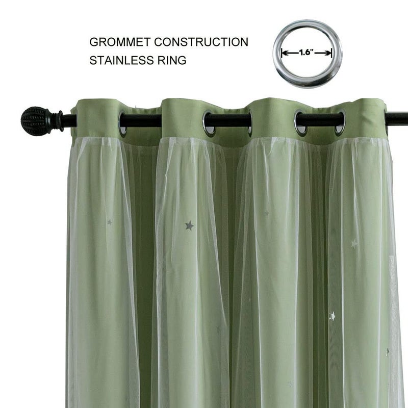 FANLI 2 Panels Star Blackout Curtains for Kid Girls Bedroom Living Room Darking Stripe Double Layer Star Cut Out Wall Home Decor Gradient Grommet Window Curtains (Green 63L) - Image 2