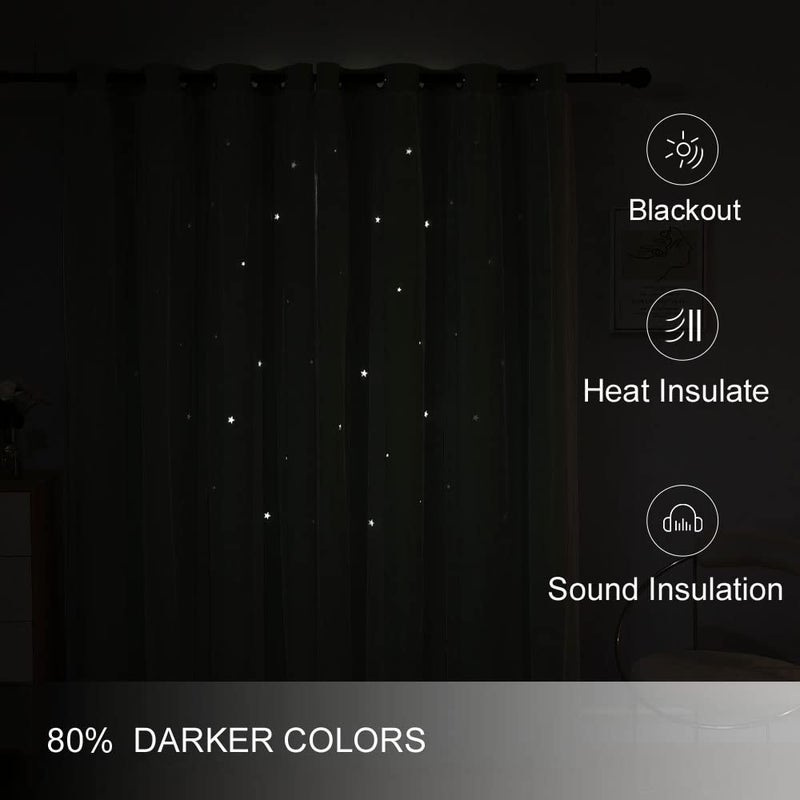 FANLI 2 Panels Star Blackout Curtains for Kid Girls Bedroom Living Room Darking Stripe Double Layer Star Cut Out Wall Home Decor Gradient Grommet Window Curtains (Green 63L) - Image 4