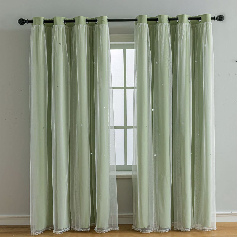 FANLI 2 Panels Star Blackout Curtains for Kid Girls Bedroom Living Room Darking Stripe Double Layer Star Cut Out Wall Home Decor Gradient Grommet Window Curtains (Green 63L) - Image 1