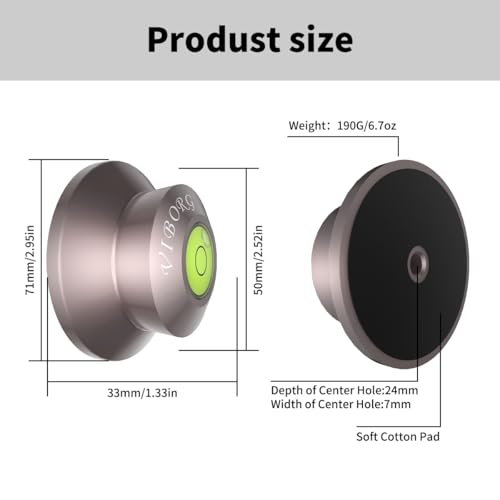 Viborg LP190H Record Weight Disc Stabilizer for Turntables 71x33mm 6.7oz (190g) Aluminum Hi-Fi Vinyl Clamp Puck for Vinyl Record Player, Turntables, Phonograph - Image 2