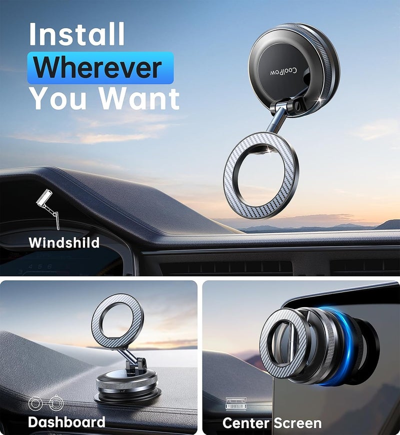 Coolpow【Newest Vacuum Magnetic Phone Holder for Car Phone Holder Mount【Movable Vacuum Suction】Magsafe Car Mount Cell Phone Holders for Your Car Accessories for Women Men for iPhone 17 16-Carbon Fiber - Image 3