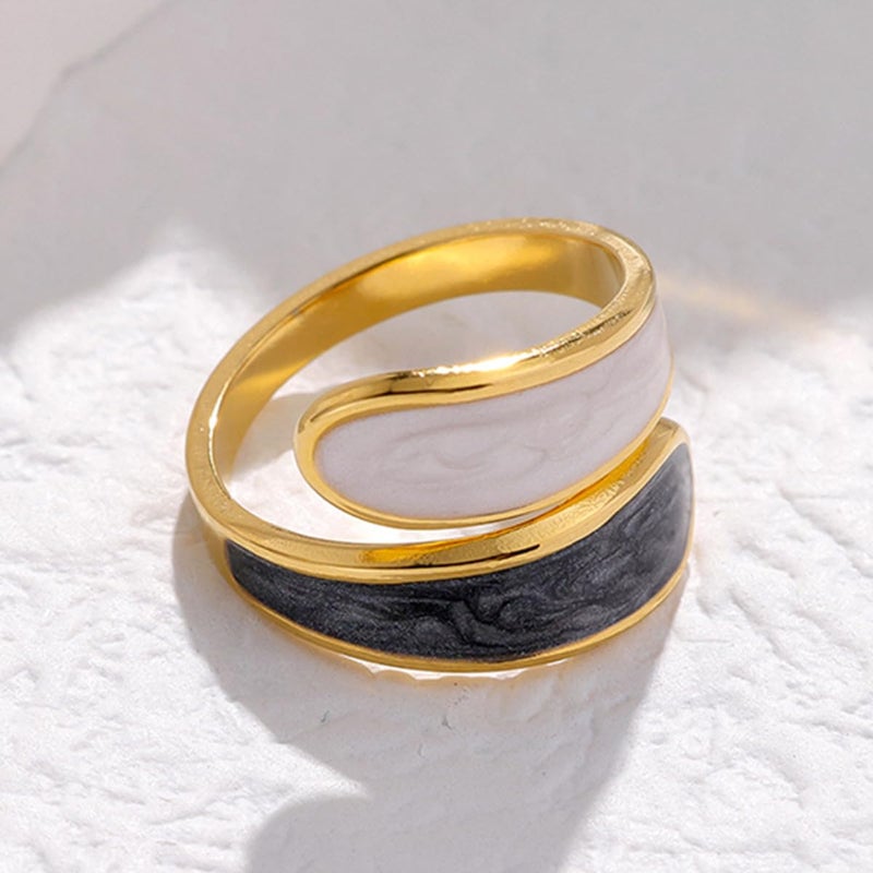 MYANAIL Gold Open Ring for Women Black White Enamel Adjustable Rings for Man Simple Yin-Yang Wide Band Finger Ring Chunky Irregular Statement Ring Jewelry Gift (Black/White) - Image 3