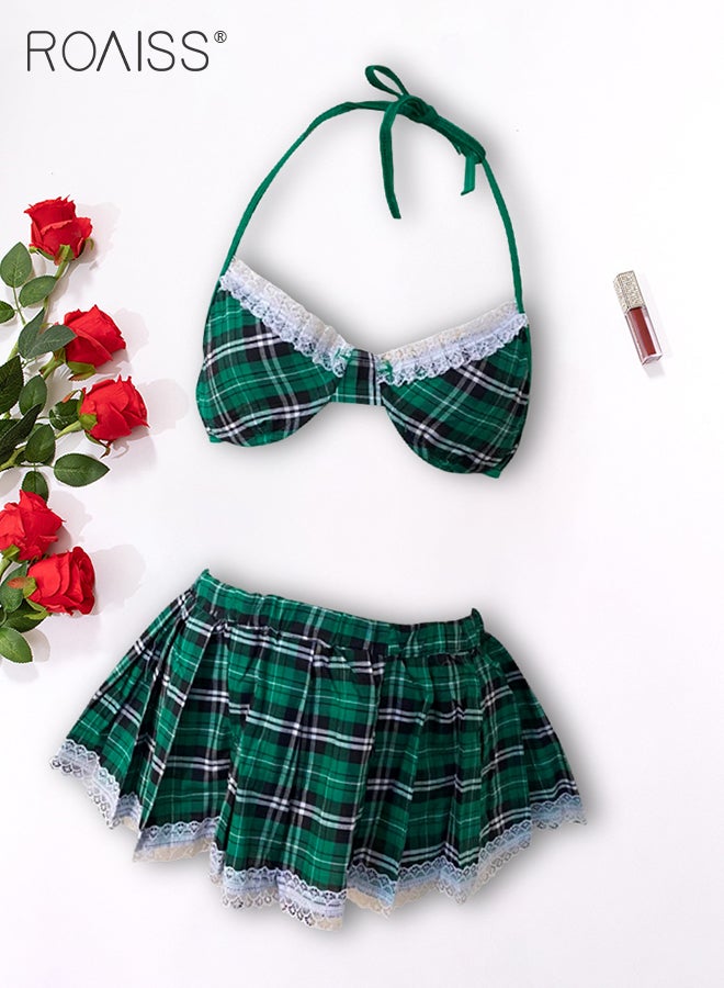 roaiss 2Pcs Uniform Underwear Set for Women Lace Edge Plaid Lingerie and Elastic Waistband Mini Upskirt Ladies Sailor Suit Lingerie Suit - Image 1
