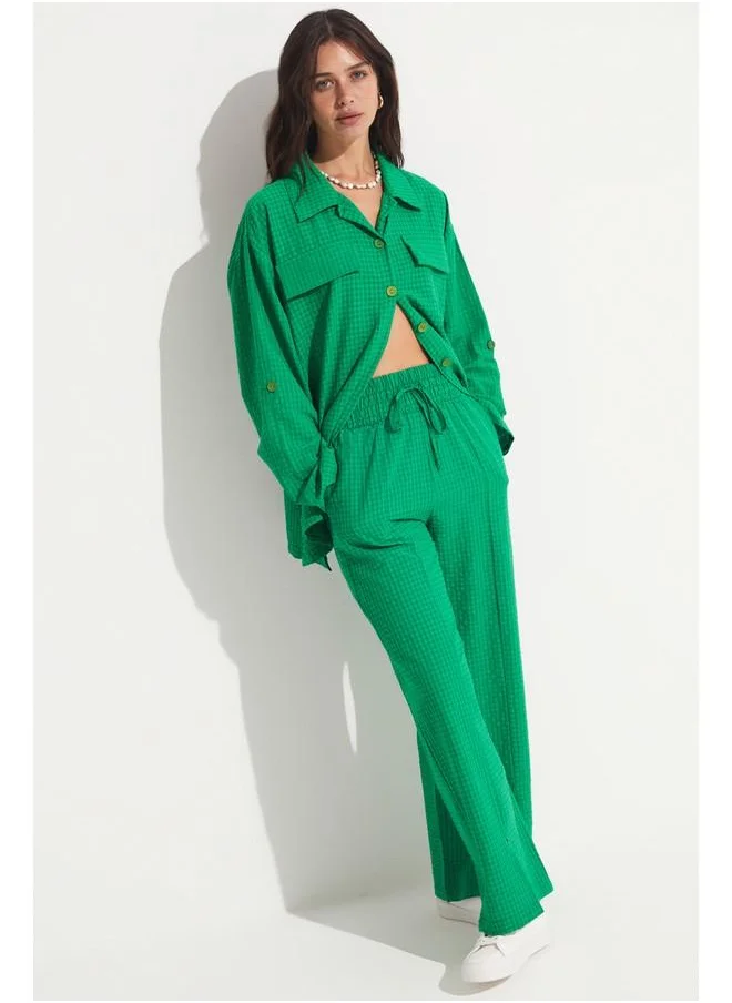 جون June Self Patterned Shirt & Trouser Set Dark Green