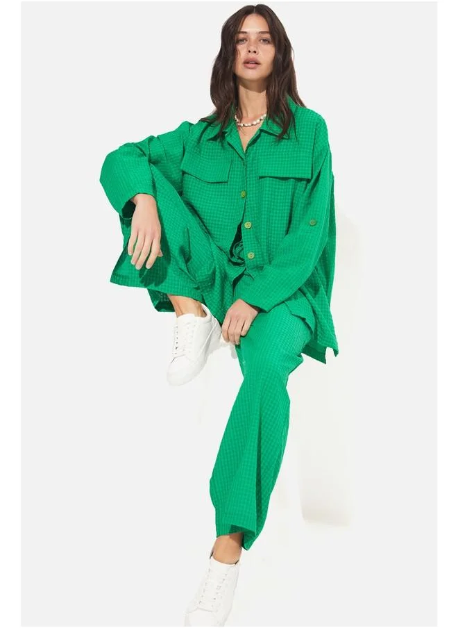 JUNE June Self Patterned Shirt & Trouser Set Dark Green