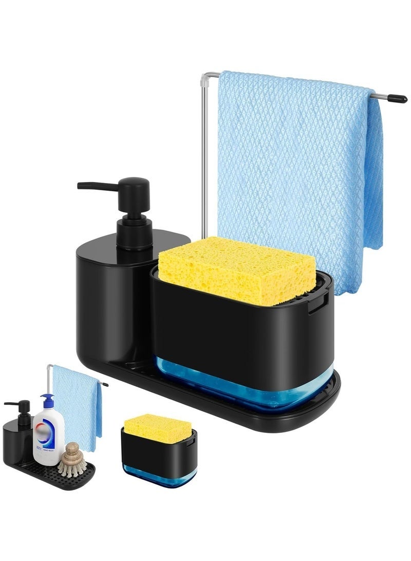 Bukela Hand and Dish Soap Dispenser Set, Kitchen Soap Dispenser Set with Tray, Sponge Holder and Rag Holder, 4-in-1 Organizer for Kitchen Sink Countertop, Useful Kitchen Gadgets - Black - Image 1