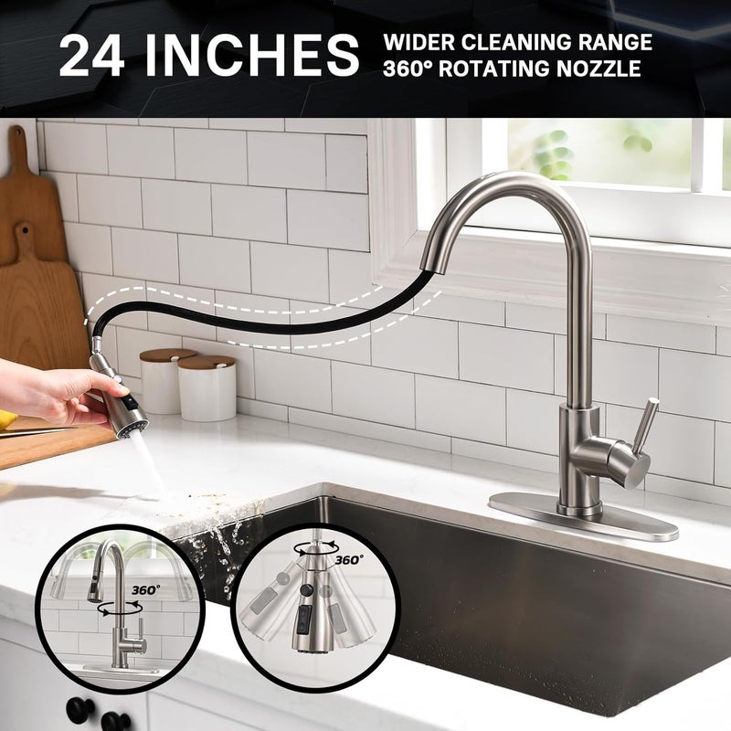 WEWE Kitchen Faucet with Pull Down Sprayer, Brushed Nickel Kitchen Sink Faucet Fits 1 or 3-Hole Kitchen Sinks, Single Handle Premium Stainless Steel, Suitable for RV, Farmhouse, Bar (Set of 2) - Image 3