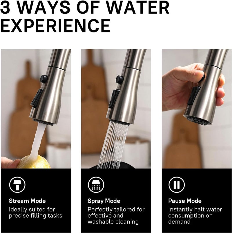 WEWE Kitchen Faucet with Pull Down Sprayer, Brushed Nickel Kitchen Sink Faucet Fits 1 or 3-Hole Kitchen Sinks, Single Handle Premium Stainless Steel, Suitable for RV, Farmhouse, Bar (Set of 2) - Image 5