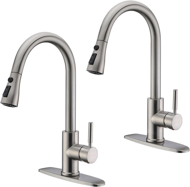 WEWE Kitchen Faucet with Pull Down Sprayer, Brushed Nickel Kitchen Sink Faucet Fits 1 or 3-Hole Kitchen Sinks, Single Handle Premium Stainless Steel, Suitable for RV, Farmhouse, Bar (Set of 2) - Image 1