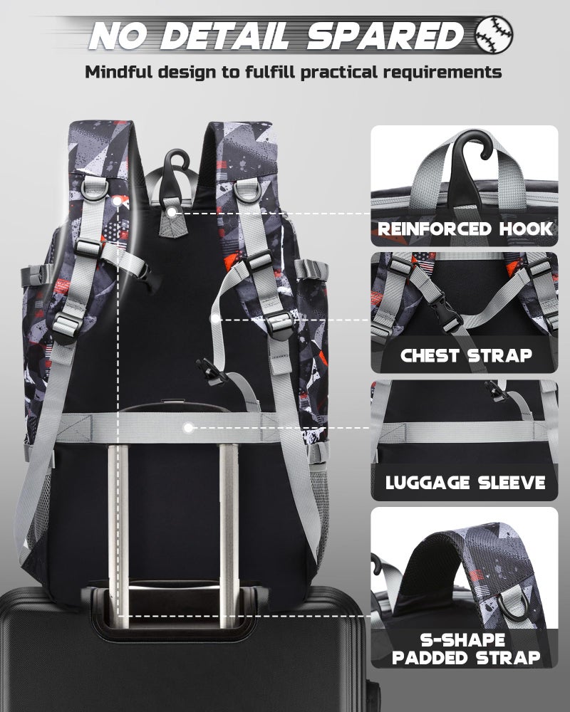 FOKDUVB Baseball Softball Catchers Gear Bag for Helmet Chest Protector Leg Guards Cleats Large Baseball Softball Bat Backpack for Boys Girls Catchers Equipment Bag for Youth Adult Black Red Geometric - Image 5