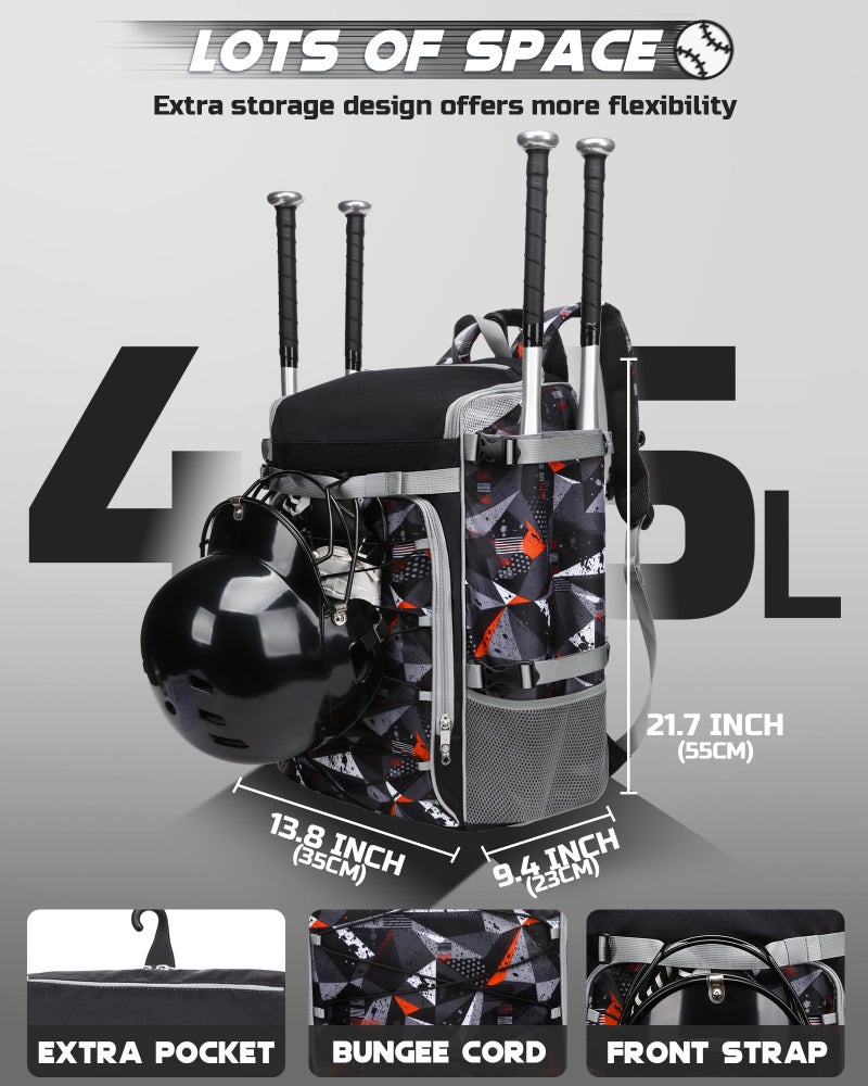 FOKDUVB Baseball Softball Catchers Gear Bag for Helmet Chest Protector Leg Guards Cleats Large Baseball Softball Bat Backpack for Boys Girls Catchers Equipment Bag for Youth Adult Black Red Geometric - Image 4
