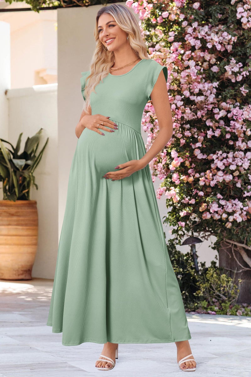 OUGES Maternity Dress for Baby Shower Photoshoot Summer Casual Ruffle Sleeve Maxi Dress with Pockets(Grey Green,M) - Image 3