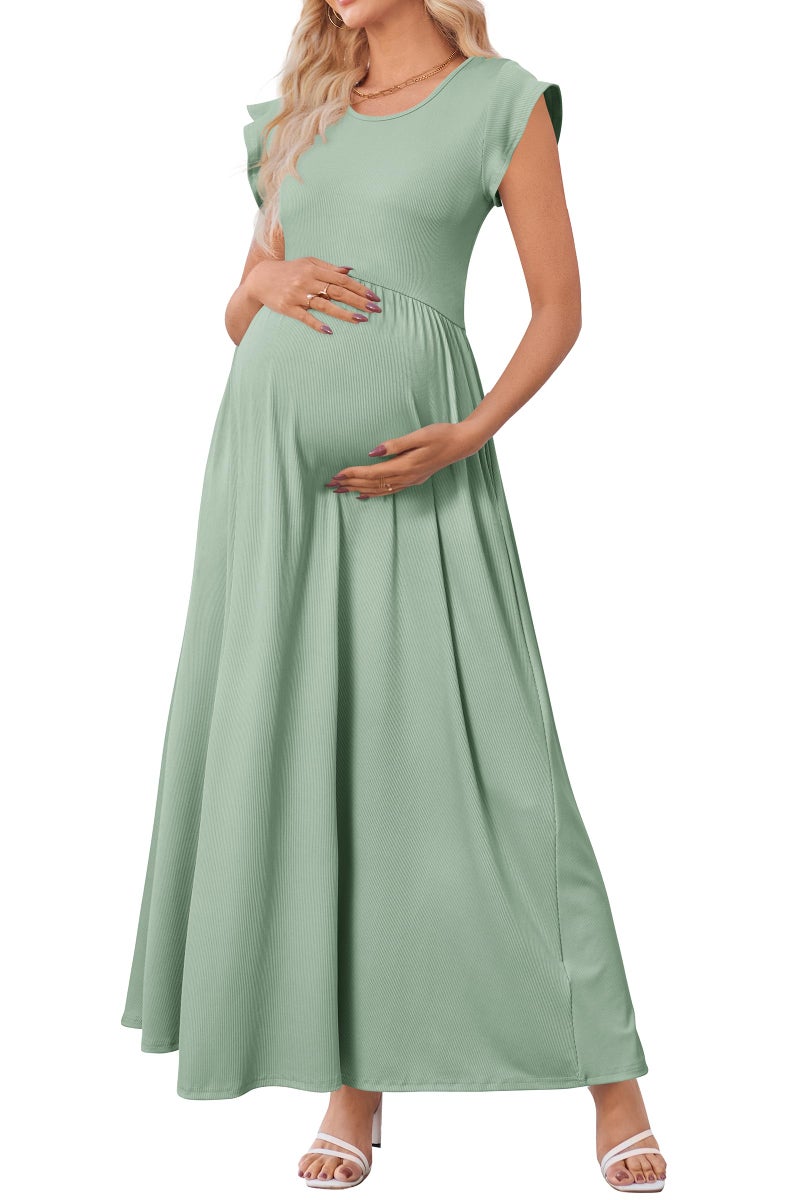 OUGES Maternity Dress for Baby Shower Photoshoot Summer Casual Ruffle Sleeve Maxi Dress with Pockets(Grey Green,M) - Image 1