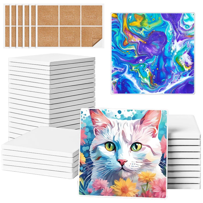Ceramic Tiles for Crafts GOH DODD 36 Pack Unglazed Blank Coasters White Tiles with 36 Cork Backing Pads for Alcohol Ink Painting Acrylic Pouring Art Projects Square 4 Inch