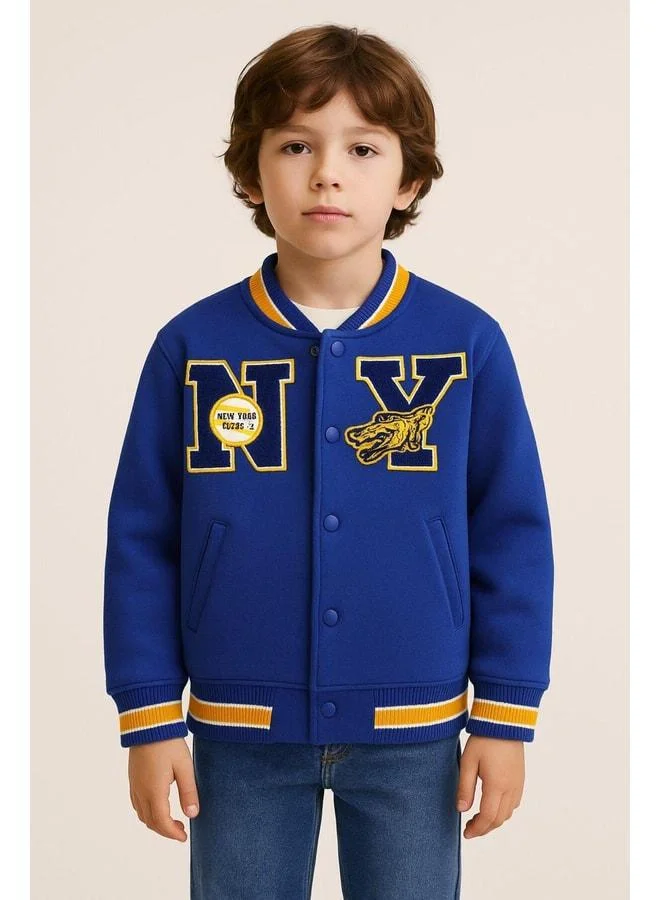 Magu Unisex Kids’ Cotton Navy College Jacket - Bomber Jacket with Letter and Dragon Appliqué