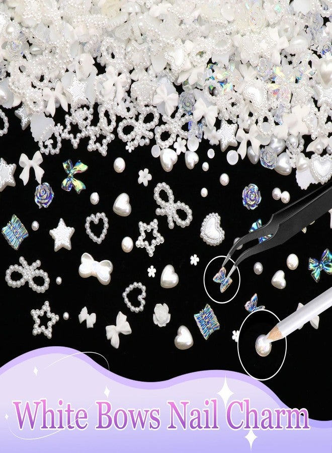 BELICEY White Bow Nail Charms 1000PCS Multi Shapes Pearl Heart Flowers Bowknot Nail Jewels Decorations Resin Kawaii Pretty Charms for Acrylic Nails DIY Nail Art Design with Tweezer Pickup Pencil - Image 2