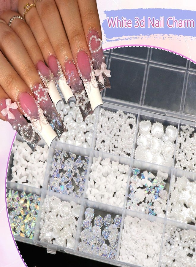 BELICEY White Bow Nail Charms 1000PCS Multi Shapes Pearl Heart Flowers Bowknot Nail Jewels Decorations Resin Kawaii Pretty Charms for Acrylic Nails DIY Nail Art Design with Tweezer Pickup Pencil - Image 5