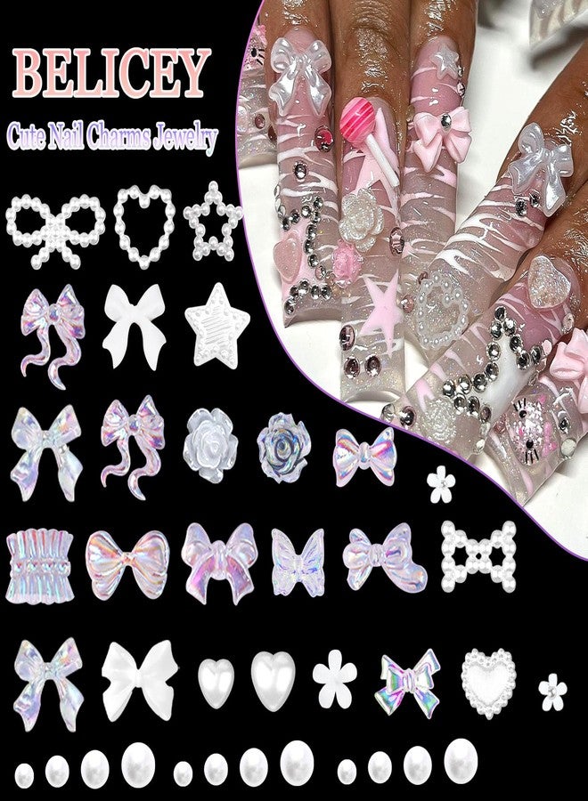 BELICEY White Bow Nail Charms 1000PCS Multi Shapes Pearl Heart Flowers Bowknot Nail Jewels Decorations Resin Kawaii Pretty Charms for Acrylic Nails DIY Nail Art Design with Tweezer Pickup Pencil - Image 4