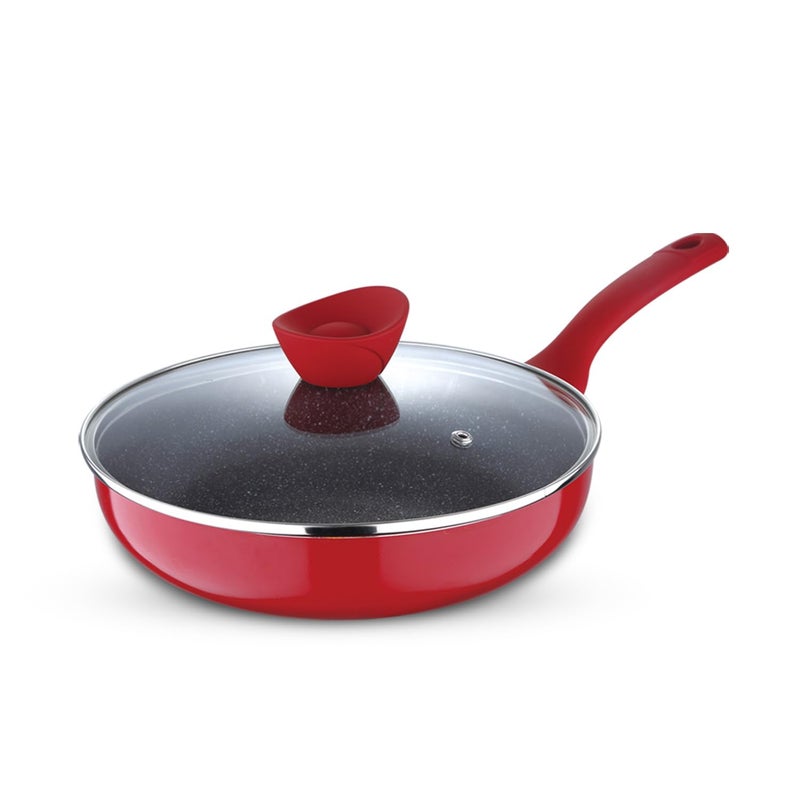 Bergner Bellini Plus 5 Layer Marble Non Stick Frypan/Sautepan with Glass Lid, 24 cm, 2.4 litres, Induction Base, Soft Touch Handle, Food Safe (PFOA Free), 1 Year Warranty by Bergner, Red - Image 1