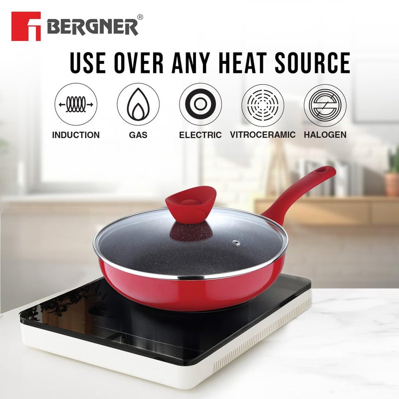 Bergner Bellini Plus 5 Layer Marble Non Stick Frypan/Sautepan with Glass Lid, 24 cm, 2.4 litres, Induction Base, Soft Touch Handle, Food Safe (PFOA Free), 1 Year Warranty by Bergner, Red - Image 5