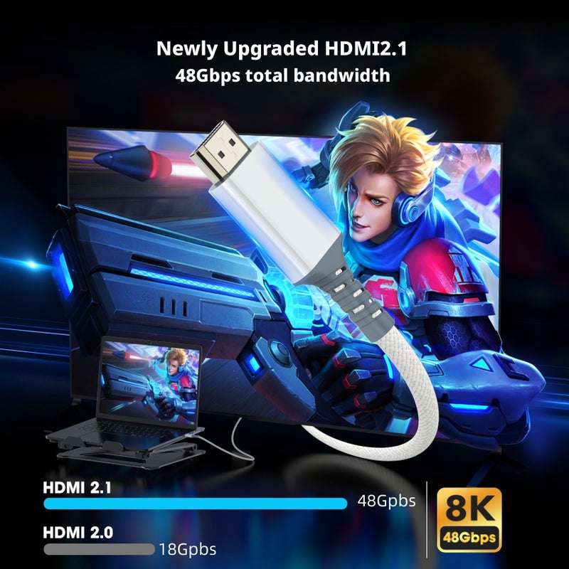 كابل HDMI 2.1 بدقة 8K@60Hz و4K@240Hz - أبيض ثلجي - Image 2