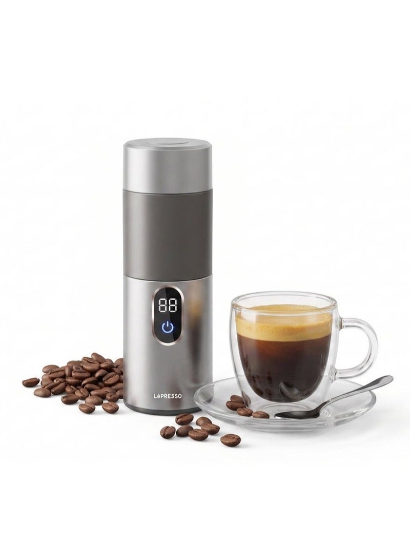 LePRESSO MokaRise Electric Moka Maker / Portable Coffee Maker / Espresso Coffee Machine / Travel Coffee Brewer / Quick Brew Moka Pot / Digital Interface / AC & DC Power Support / Stainless Steel Design - Silver - Image 1