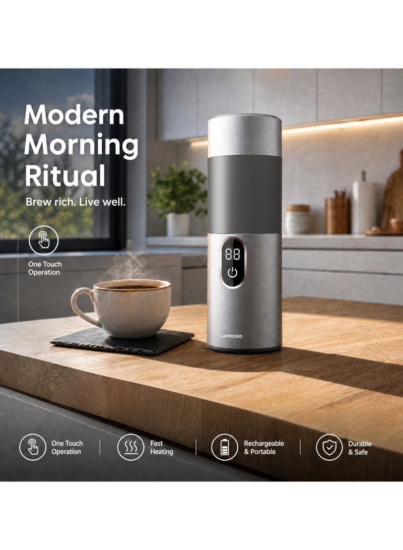 LePRESSO MokaRise Electric Moka Maker / Portable Coffee Maker / Espresso Coffee Machine / Travel Coffee Brewer / Quick Brew Moka Pot / Digital Interface / AC & DC Power Support / Stainless Steel Design - Silver - Image 5