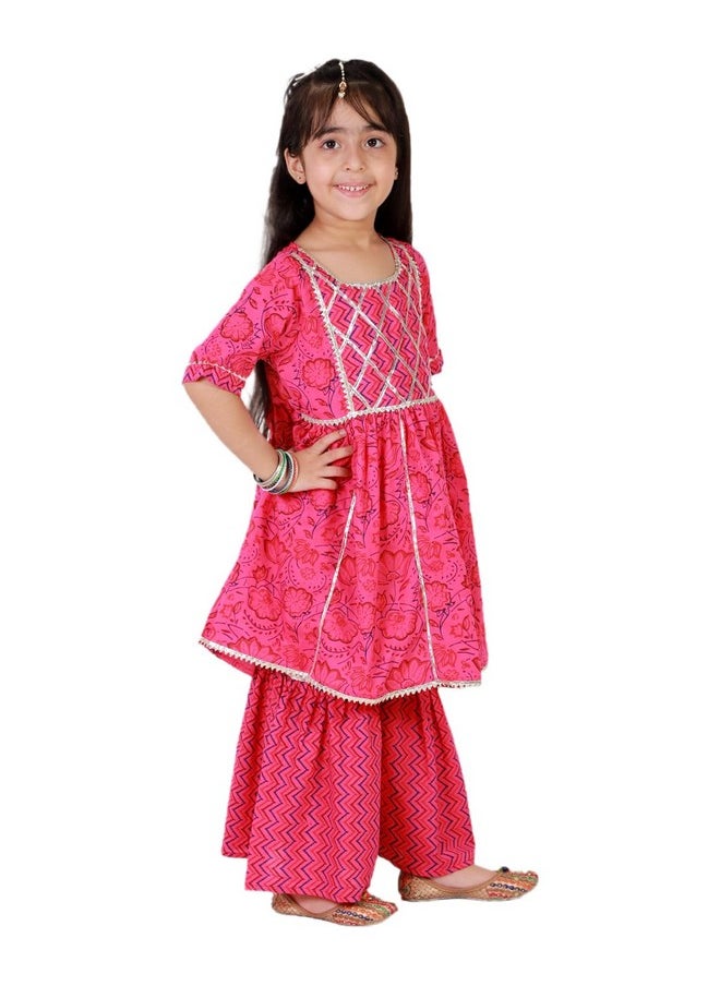 Superminis - superminis Baby Girls Cotton Sanganeri Printed Frock Style Kurti with Printed Sharara Dress (6-12 Months, Pink) - Image 1