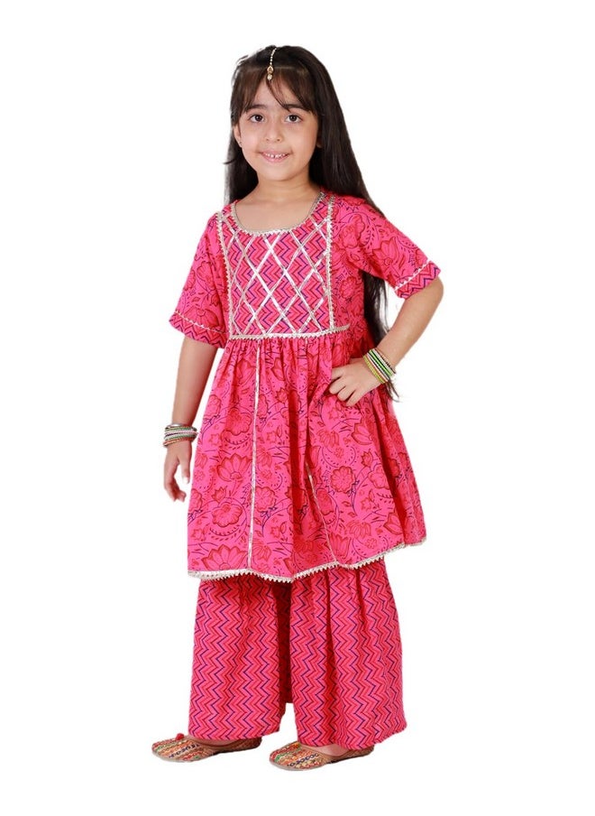 Superminis - superminis Baby Girls Cotton Sanganeri Printed Frock Style Kurti with Printed Sharara Dress (6-12 Months, Pink) - Image 1