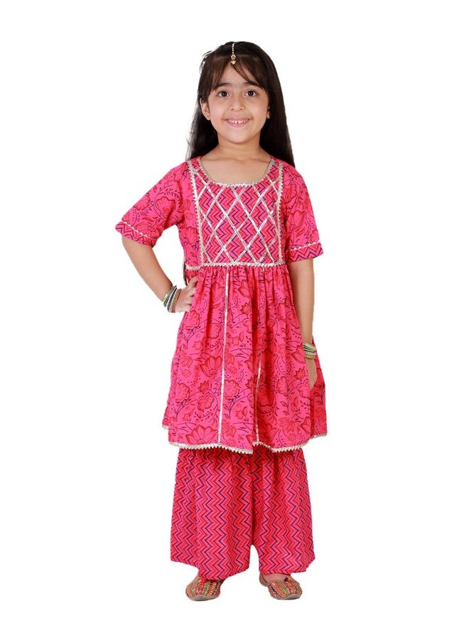 Superminis - superminis Baby Girls Cotton Sanganeri Printed Frock Style Kurti with Printed Sharara Dress (6-12 Months, Pink) - Image 1
