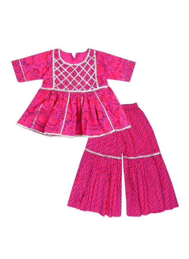 Superminis - superminis Baby Girls Cotton Sanganeri Printed Frock Style Kurti with Printed Sharara Dress (6-12 Months, Pink) - Image 1