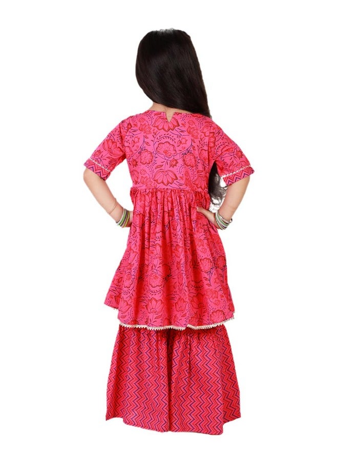 Superminis - superminis Baby Girls Cotton Sanganeri Printed Frock Style Kurti with Printed Sharara Dress (6-12 Months, Pink) - Image 1