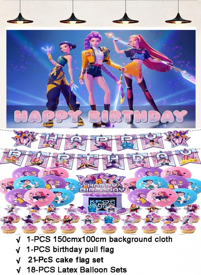 41-piece Demon Hunter Girl Squad themed birthday party set, including a backdrop, birthday banner, latex balloons, and cake toppers (size 150cm x 100cm) - Image 1