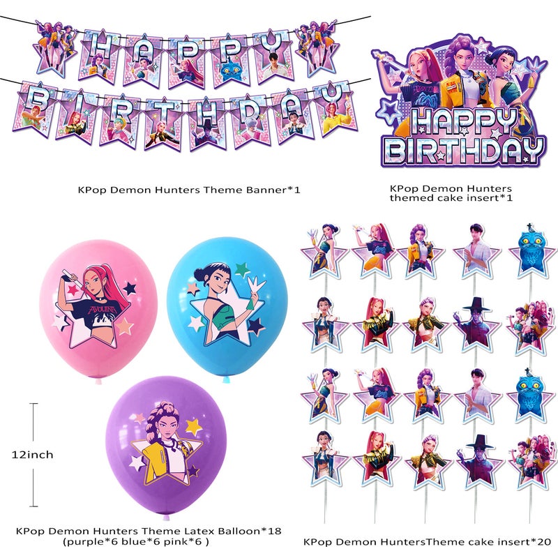 41-piece Demon Hunter Girl Squad themed birthday party set, including a backdrop, birthday banner, latex balloons, and cake toppers (size 150cm x 100cm) - Image 5