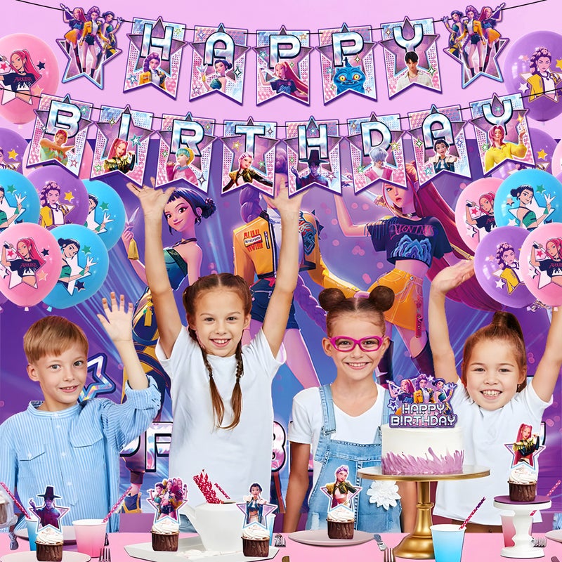 41-piece Demon Hunter Girl Squad themed birthday party set, including a backdrop, birthday banner, latex balloons, and cake toppers (size 150cm x 100cm) - Image 2