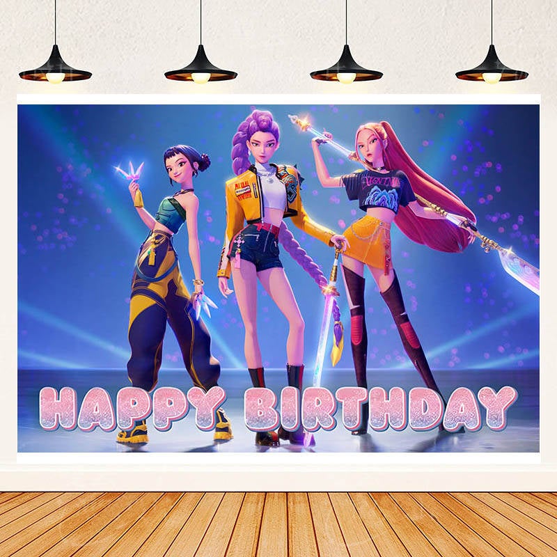 41-piece Demon Hunter Girl Squad themed birthday party set, including a backdrop, birthday banner, latex balloons, and cake toppers (size 150cm x 100cm) - Image 3